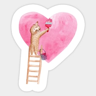 sloth paints pink heart Sticker